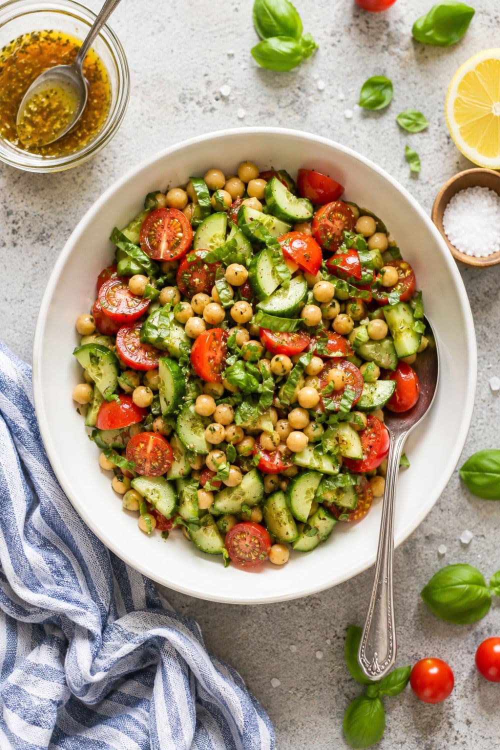 Tuscan Chickpea Cucumber Tomato Salad with Basil