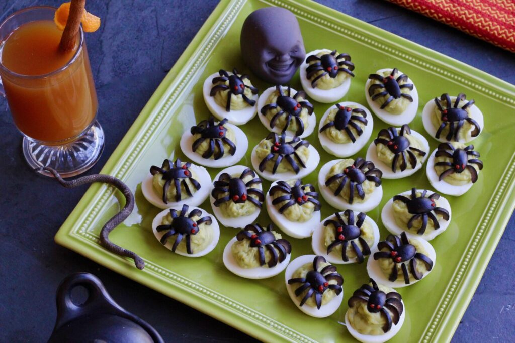 Spooky Avocado & Olive Deviled Eggs