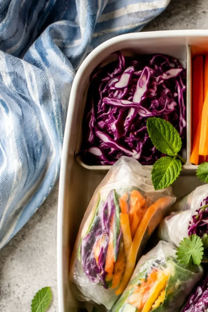 Rainbow Veggie Spring Roll Bento Box with Peanut Sauce