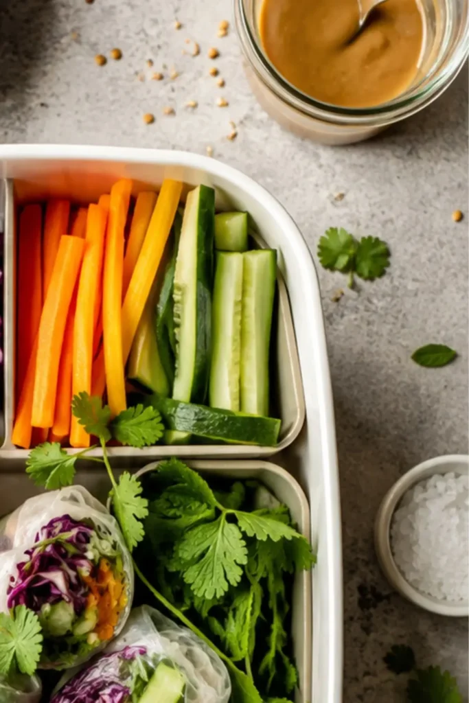 Rainbow Veggie Spring Roll Bento Box with Peanut Sauce
