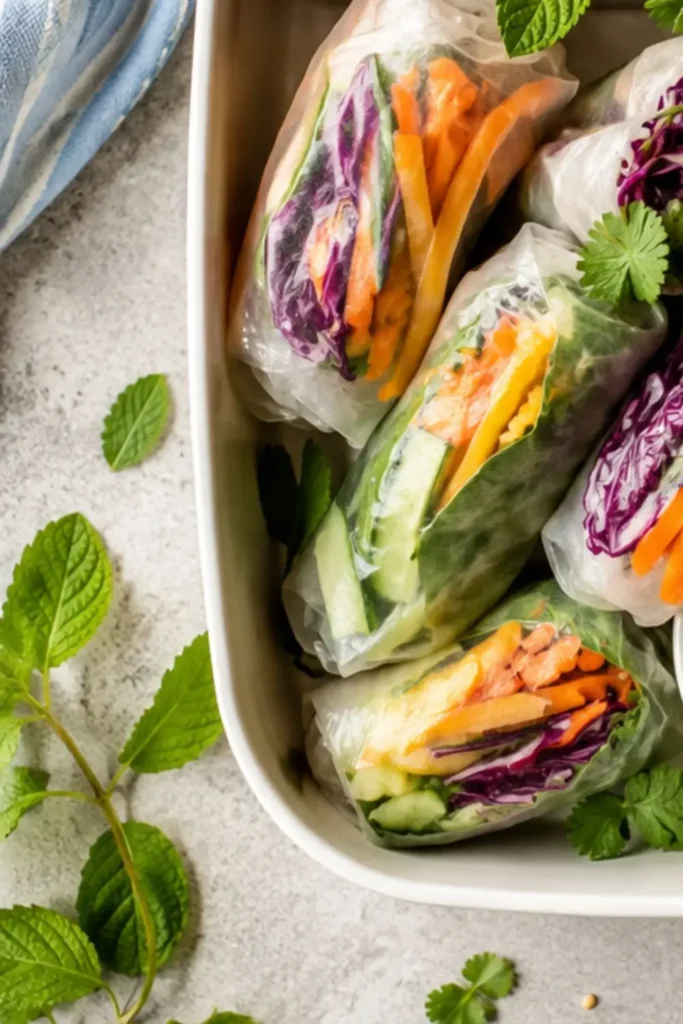 Rainbow Veggie Spring Roll Bento Box with Peanut Sauce
