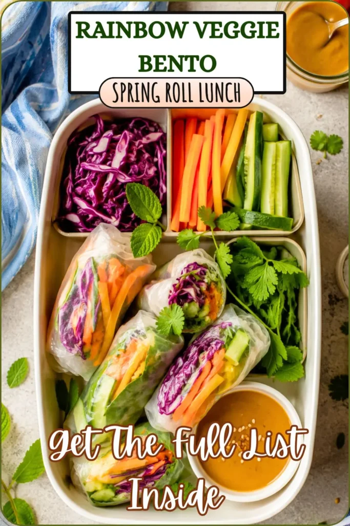 Rainbow Veggie Spring Roll Bento Box with Peanut Sauce