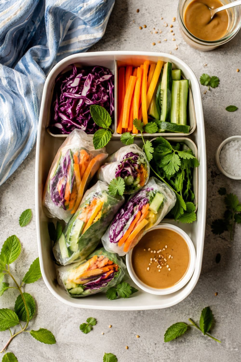 Rainbow Veggie Spring Roll Bento Box with Peanut Sauce